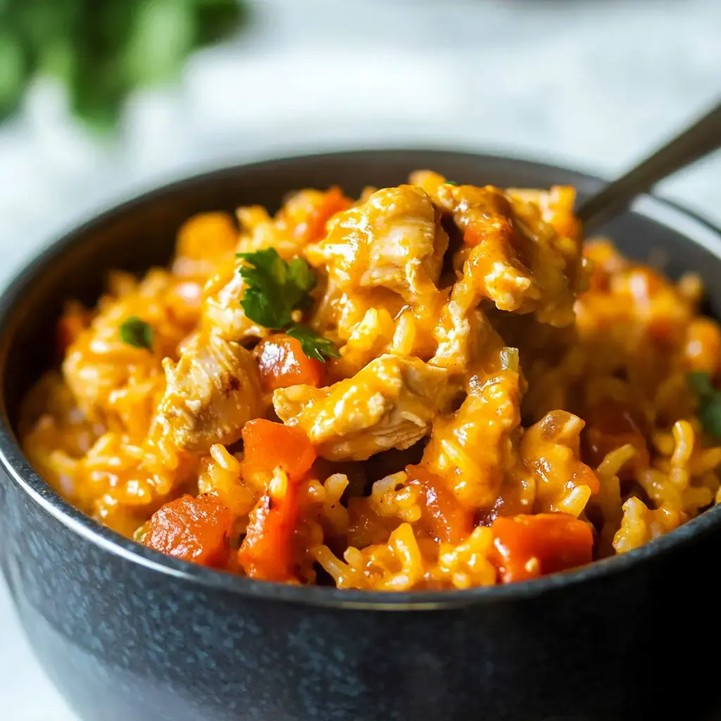 A close-up of a bowl filled with creamy rice and chicken mixed with diced tomatoes and garnished with parsley.