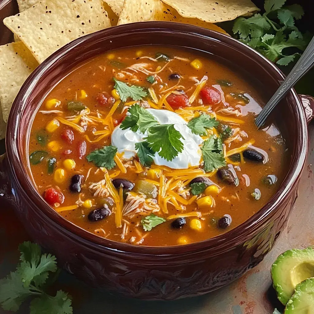 A bowl of chili topped with sour cream and cilantro, accompanied by tortilla chips and garnished with fresh cilantro and avocado slices.