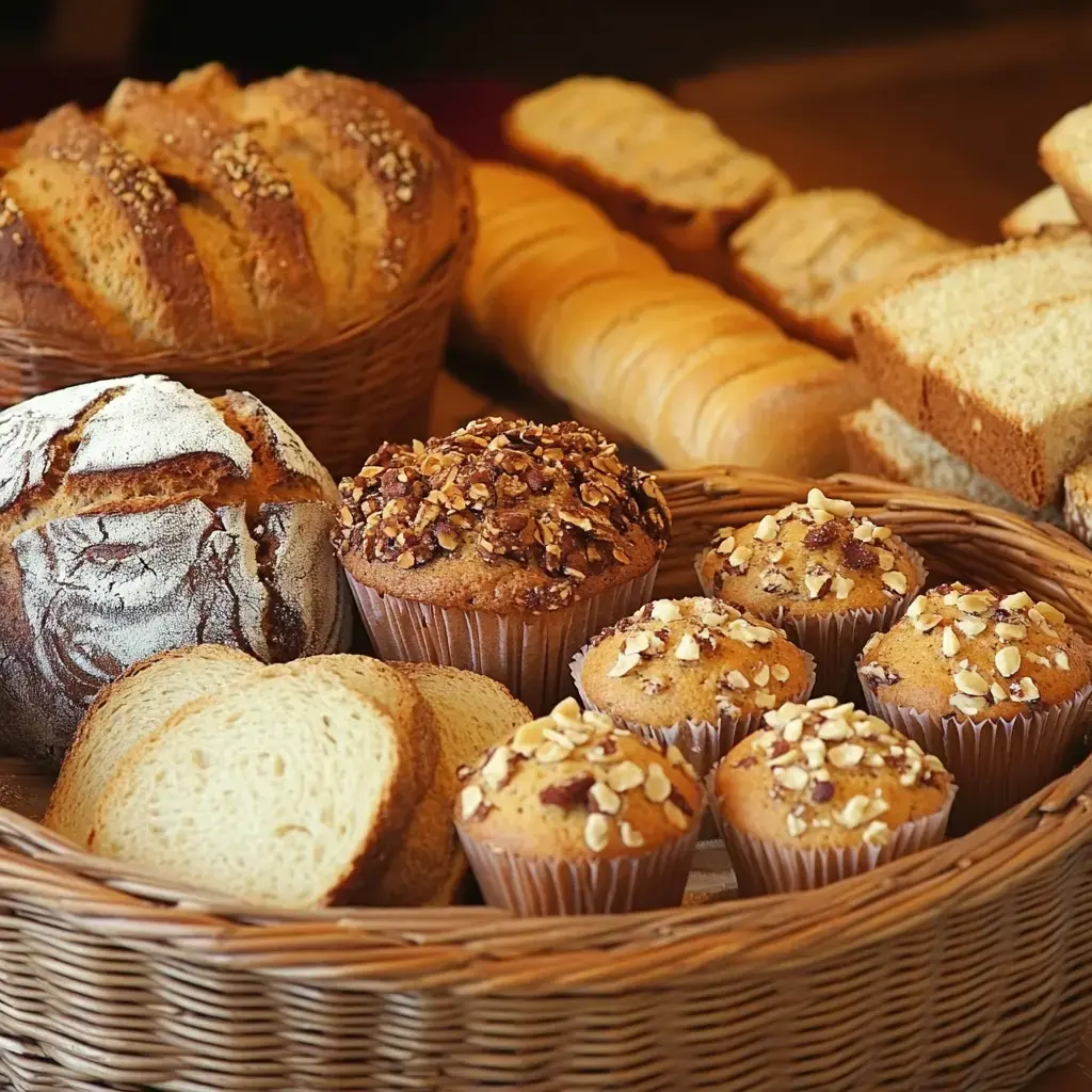 A woven basket filled with various types of bread and muffins, including a round loaf, sliced bread, and nut-topped muffins.