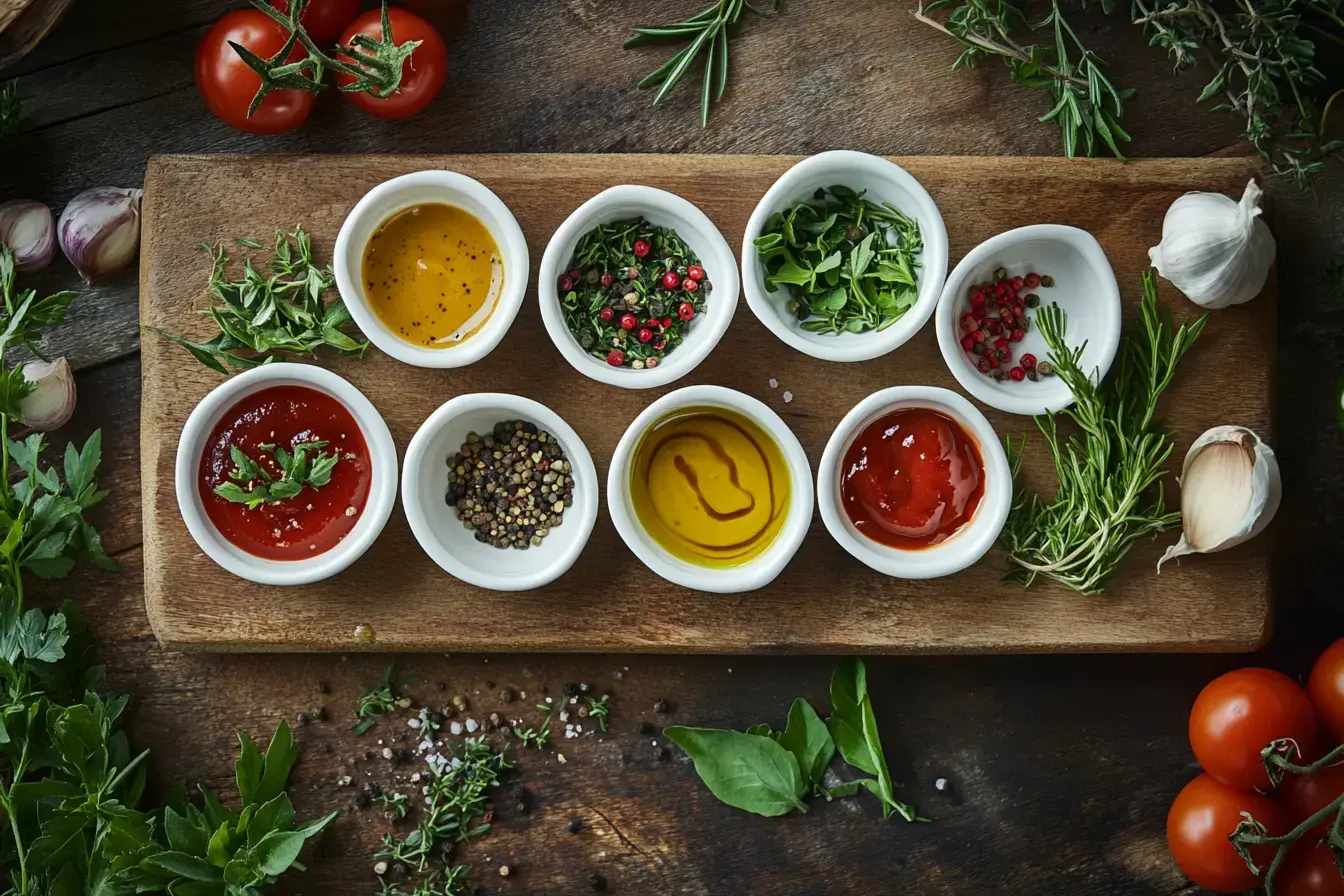 An assortment of sauces and herbs in small white bowls arranged on a wooden board, surrounded by fresh ingredients like tomatoes, garlic, and greenery.