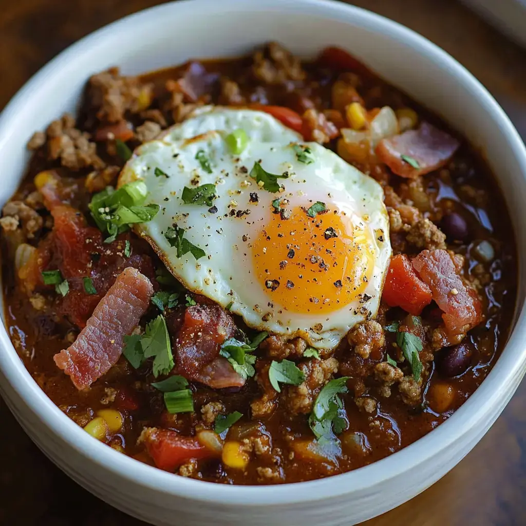 A bowl of hearty chili topped with a sunny-side-up egg, garnished with fresh herbs and bits of bacon.