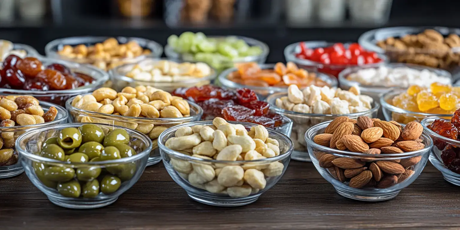 A variety of nuts and dried fruits arranged in glass bowls on a wooden surface.