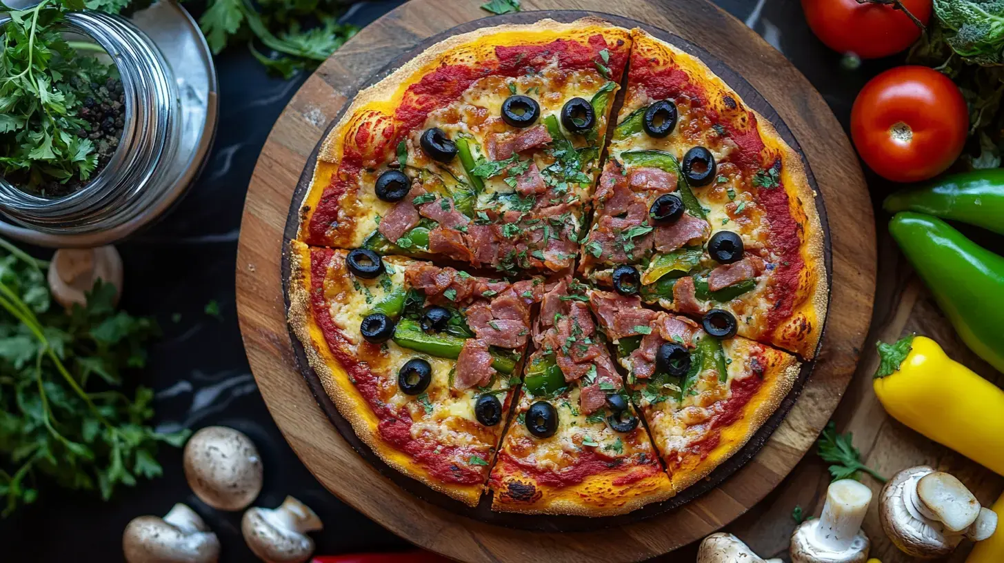 A freshly baked pizza topped with olives, green peppers, and slices of ham, surrounded by fresh vegetables and herbs on a wooden board.