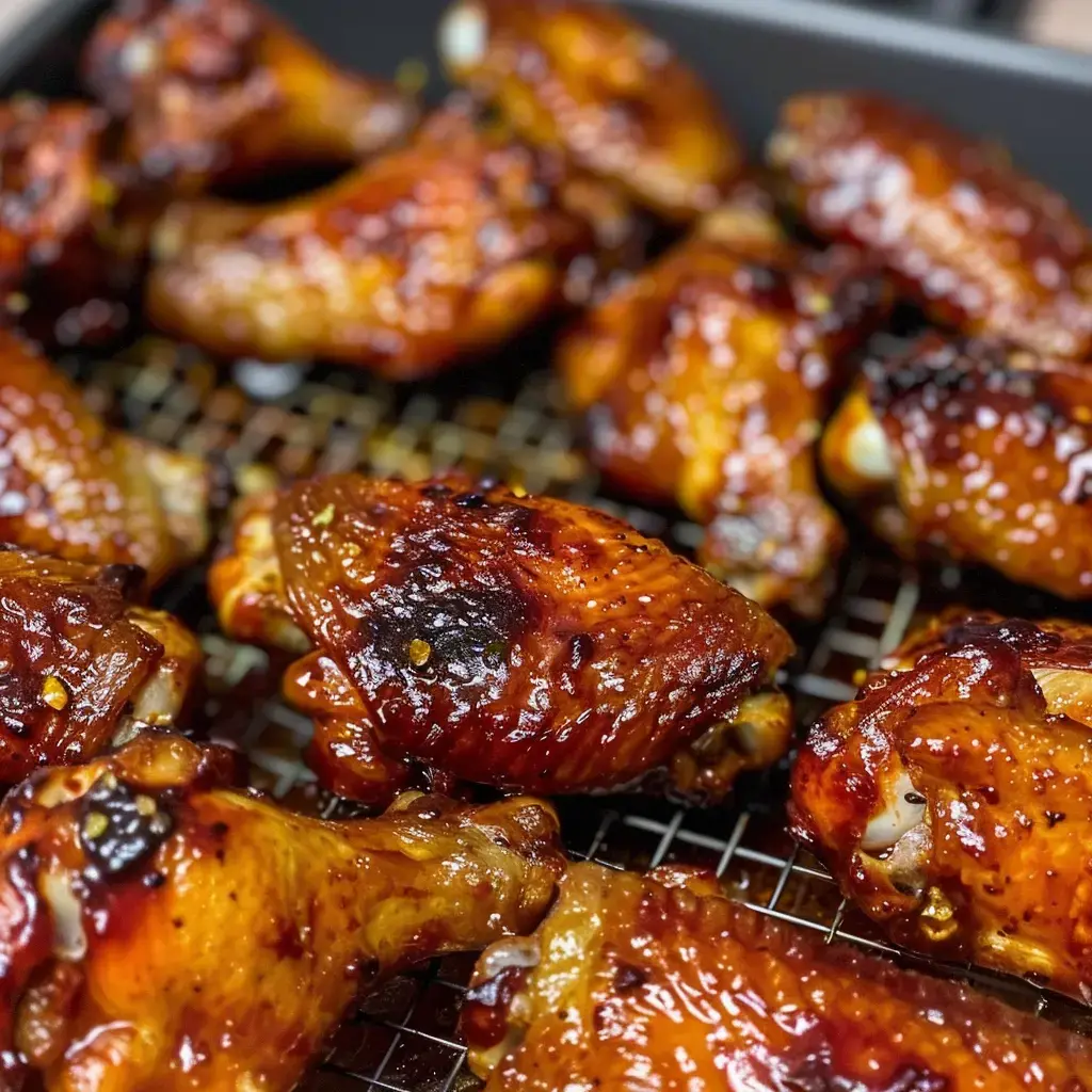 A close-up image of succulent, glazed chicken wings resting on a wire rack.