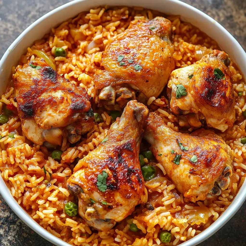 A bowl of golden-brown chicken drumsticks served on a bed of flavorful rice with green peas.