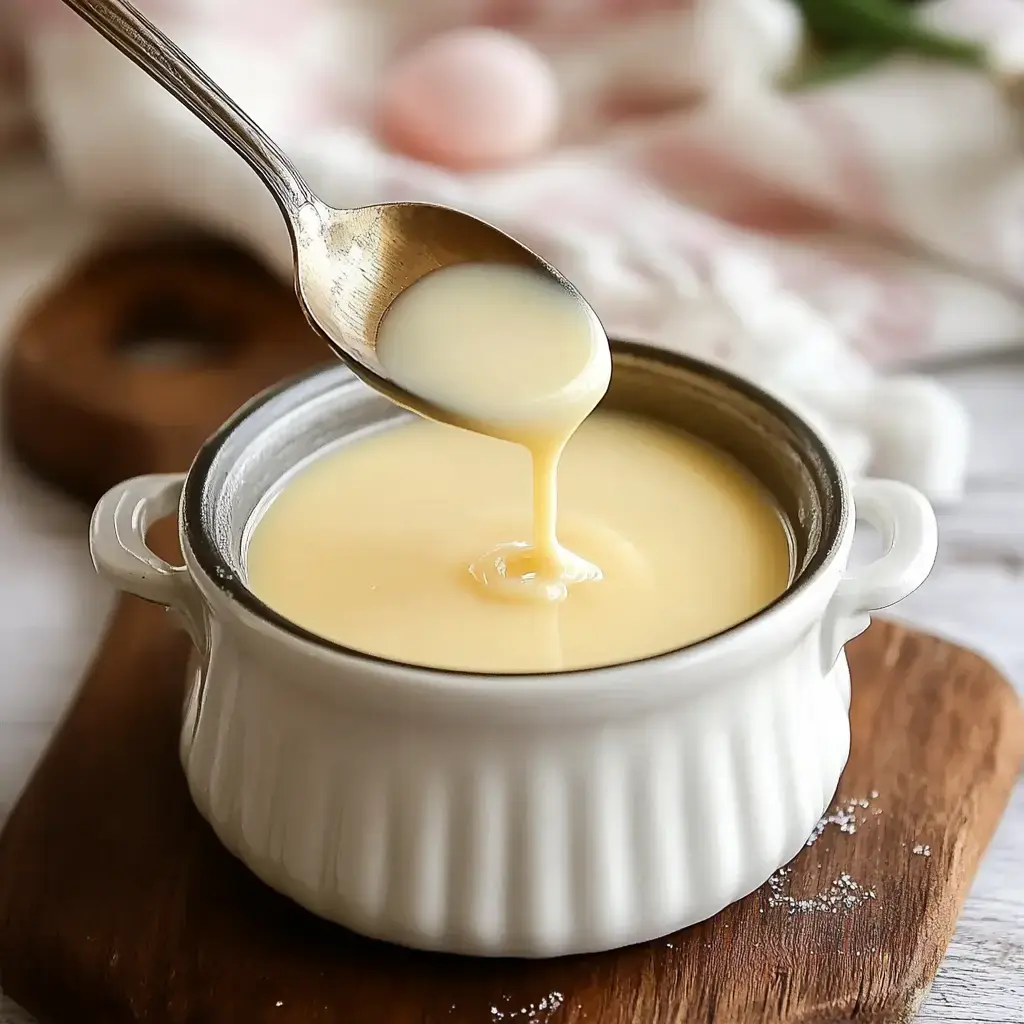 A spoon drips creamy liquid from a small white pot, placed on a wooden surface.