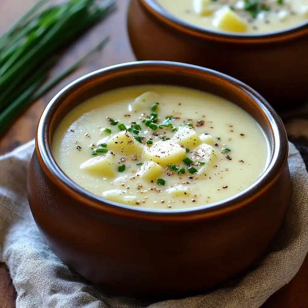 Two bowls of creamy potato soup, topped with diced potatoes, chives, and black pepper, positioned on a linen cloth with green chives in the background.