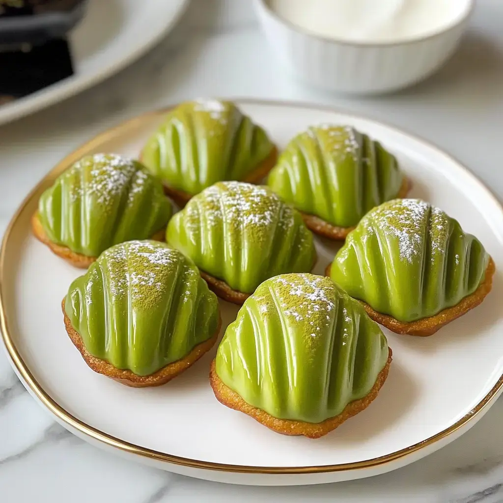 A plate of eight green, shell-shaped pastries dusted with powdered sugar.