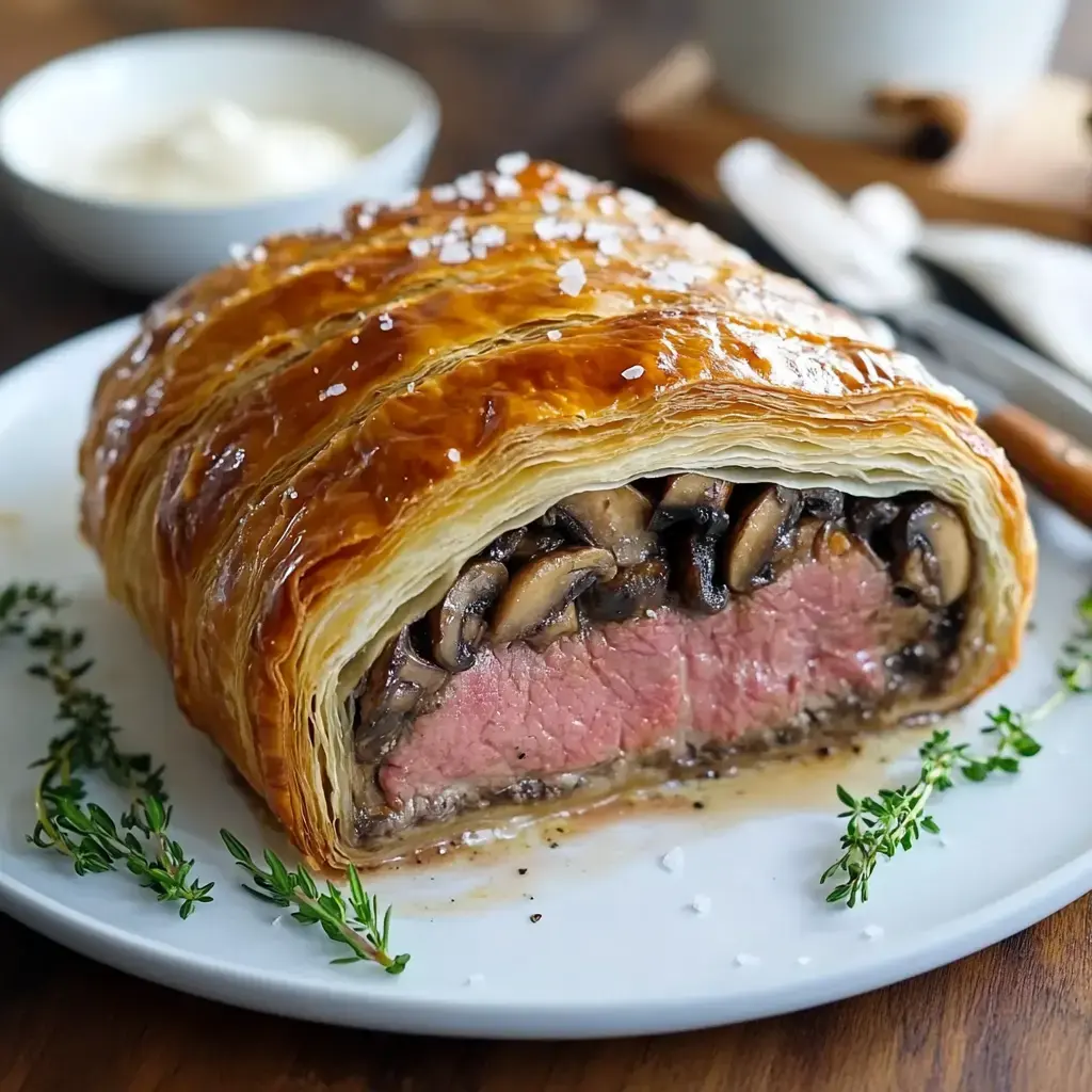 A sliced beef wellington with a golden pastry crust, revealing pink beef and mushrooms inside, garnished with fresh thyme on a white plate next to a small bowl of sauce.