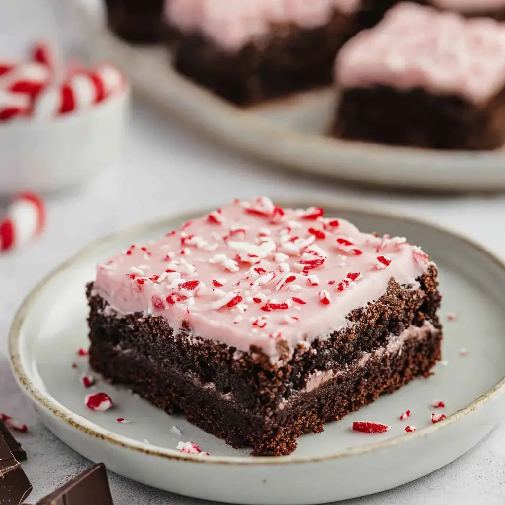 A square piece of chocolate cake topped with pink icing and sprinkled with crushed peppermint rests on a plate, with more cake in the background.