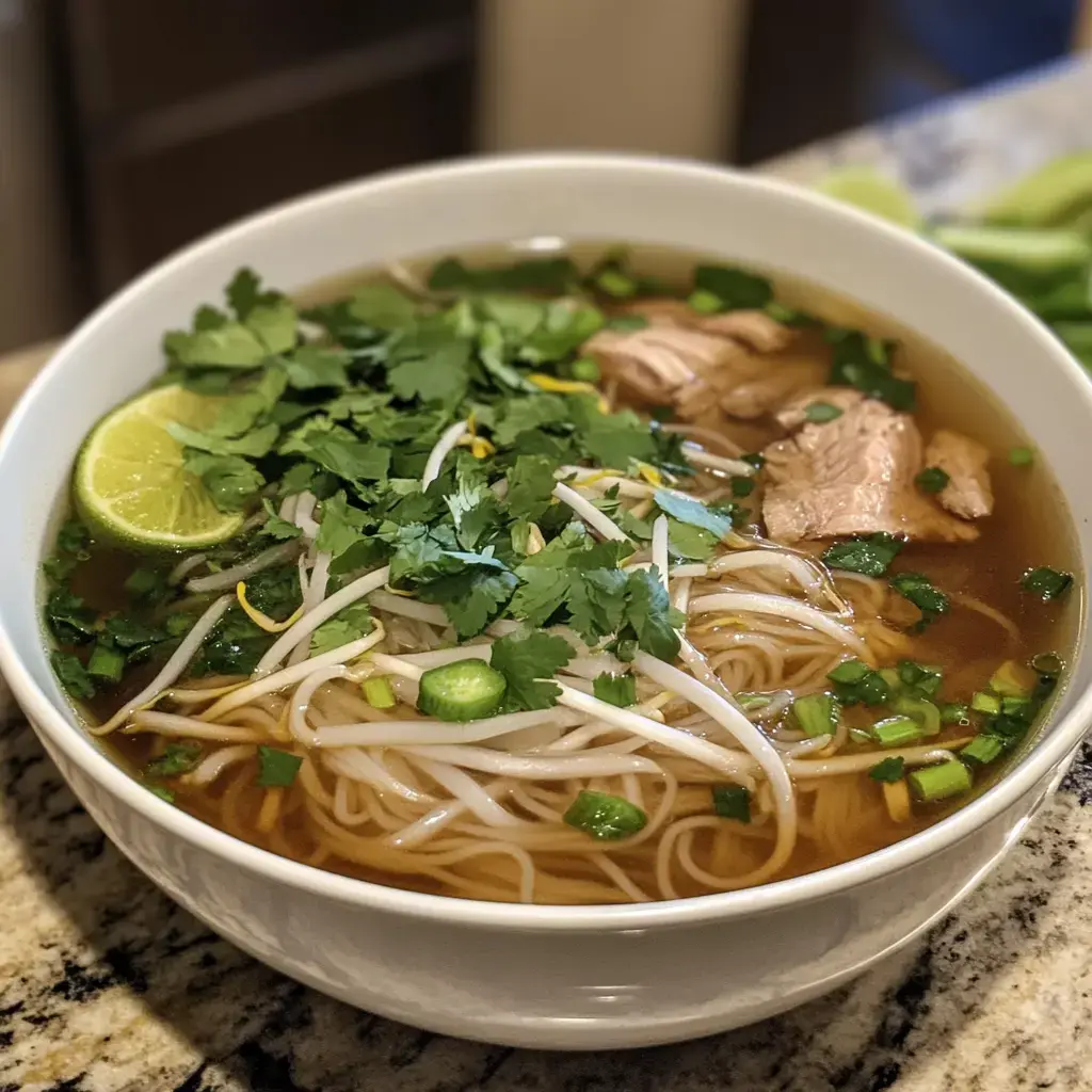 A bowl of noodle soup topped with cilantro, bean sprouts, green onions, and lime, featuring slices of meat in a clear broth.