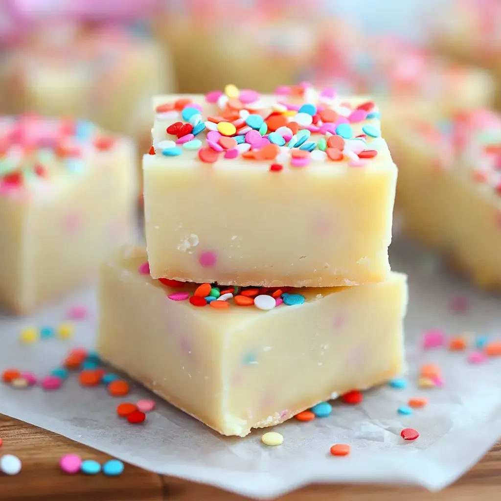 A close-up of two stacks of creamy vanilla fudge topped with colorful sprinkles, surrounded by more fudge pieces and sprinkles.