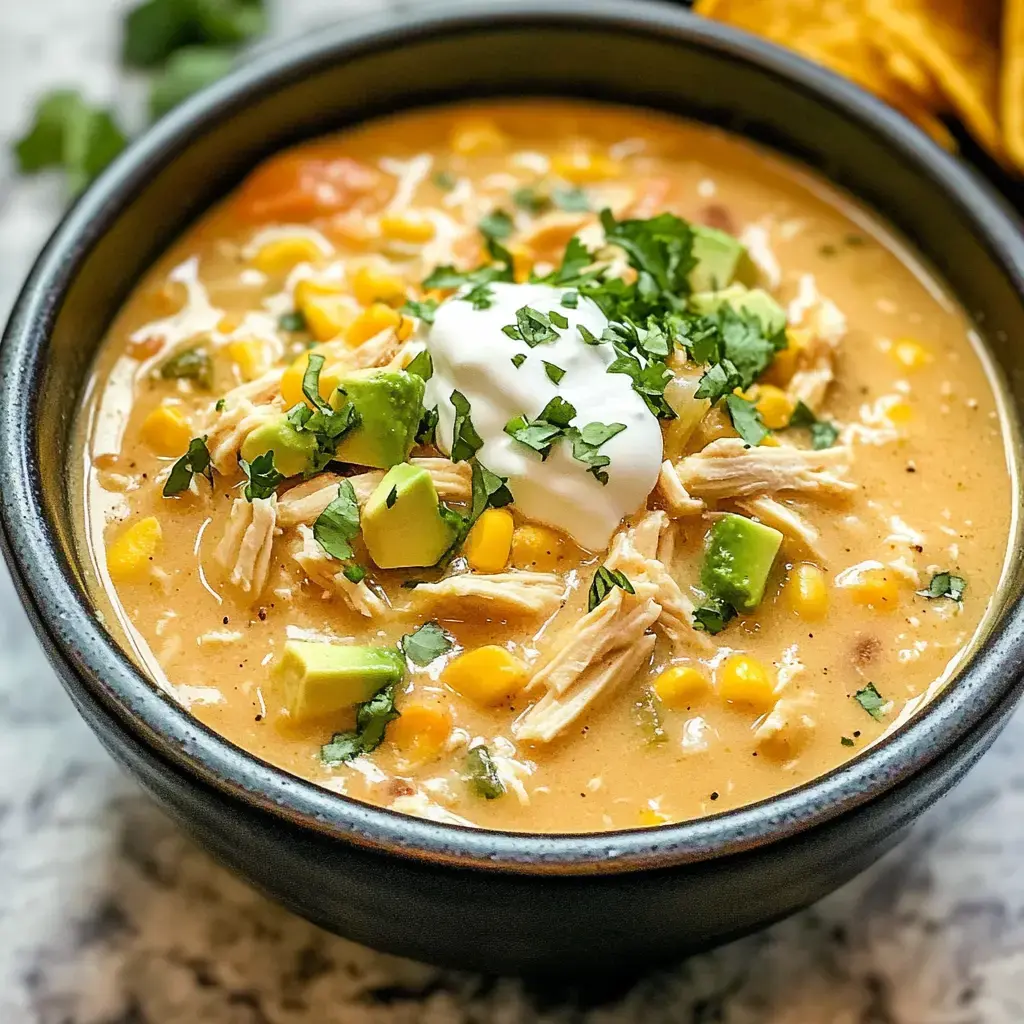 A close-up of a bowl of creamy chicken soup topped with corn, avocado, cilantro, and a dollop of sour cream.