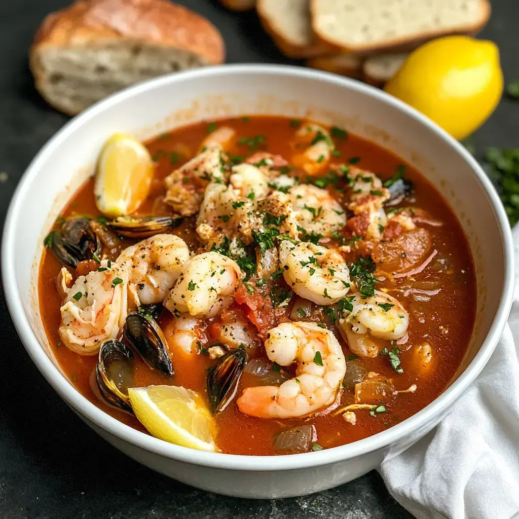 A bowl of seafood stew with shrimp, mussels, and fresh herbs, garnished with lemon wedges, alongside slices of bread.