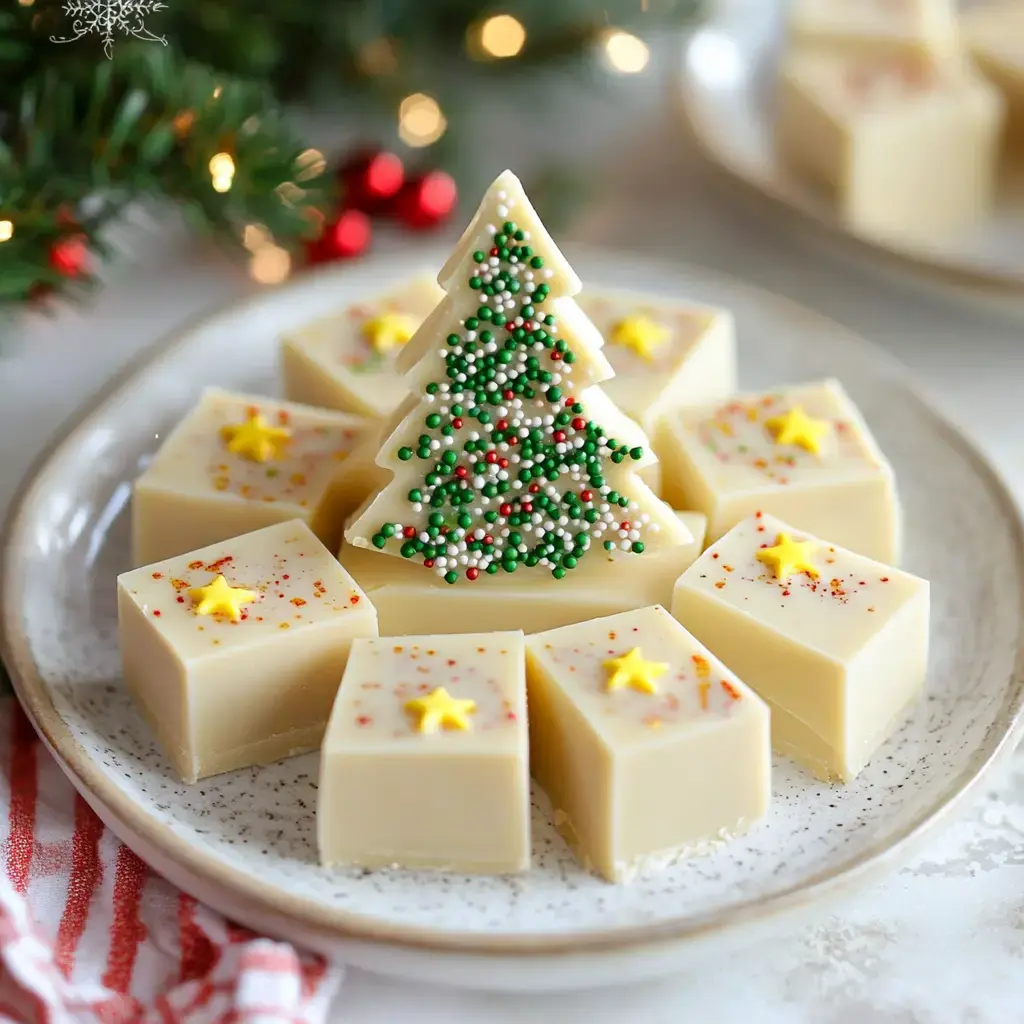 A decorative plate of white chocolate treats, featuring a central Christmas tree made of white chocolate and surrounded by square pieces adorned with colorful sprinkles and stars.