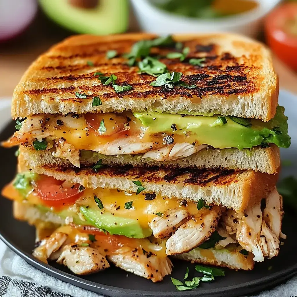 A stacked grilled sandwich filled with chicken, cheese, avocado, and tomato, garnished with chopped cilantro.