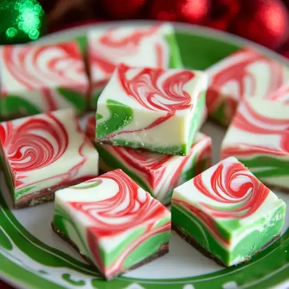 A plate of colorful swirled peppermint fudge squares in green, red, and white.