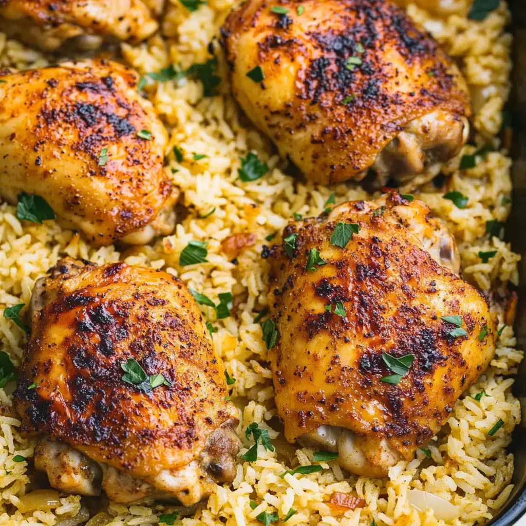 A close-up view of roasted chicken thighs seasoned with spices, resting on a bed of fluffy yellow rice, garnished with chopped parsley.