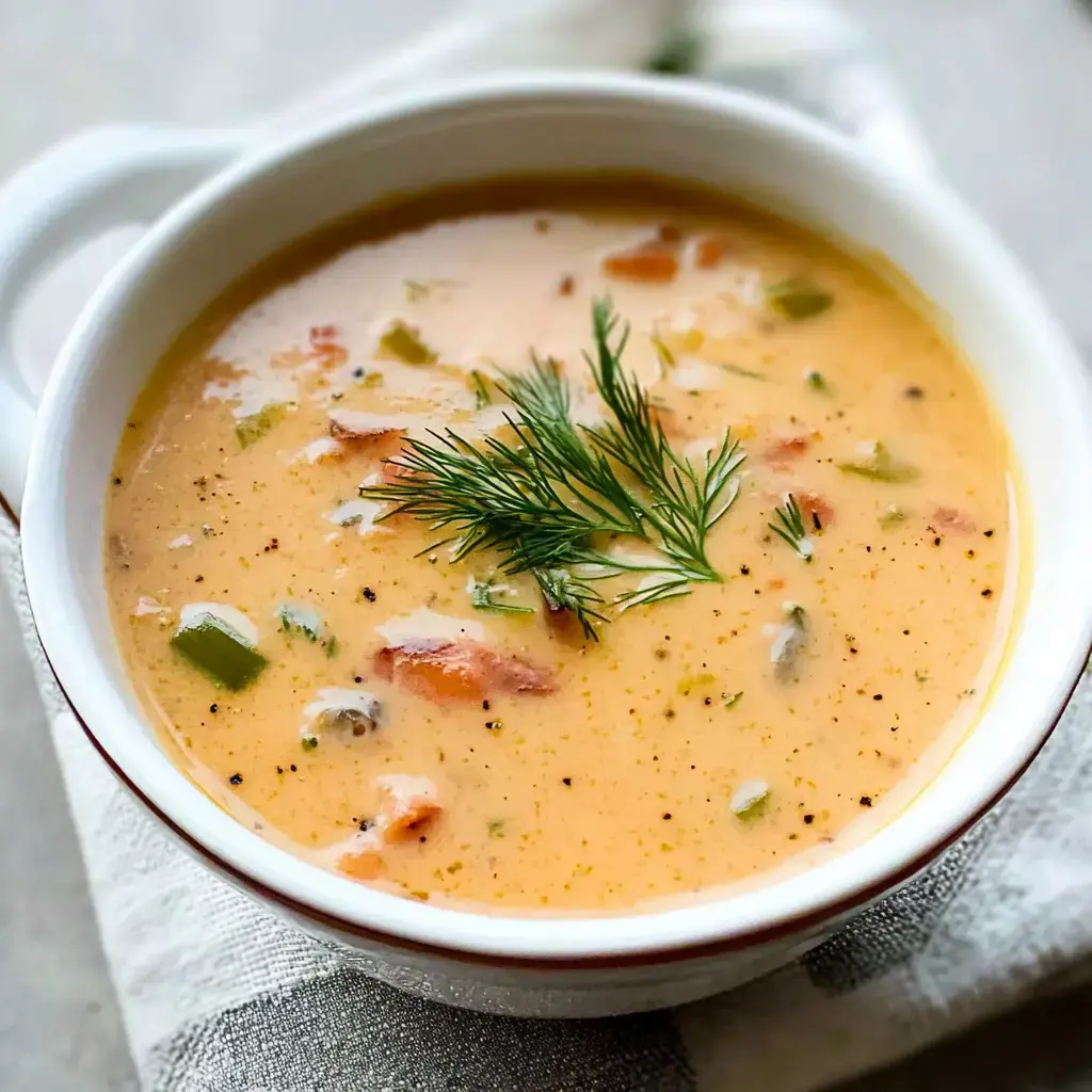 A bowl of creamy soup with bits of vegetables and herbs on top, served on a textured napkin.