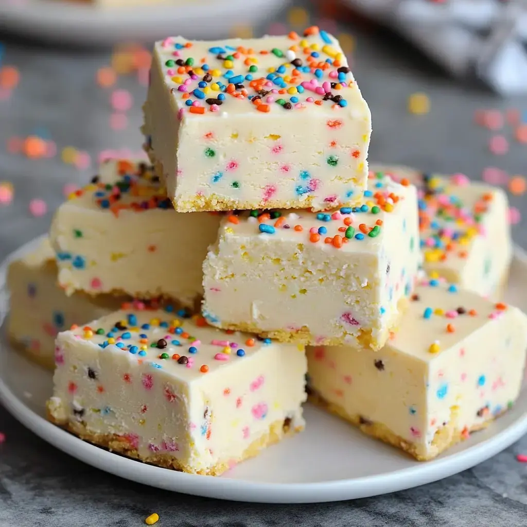 A stack of colorful, sprinkled dessert squares on a white plate, surrounded by scattered sprinkles.