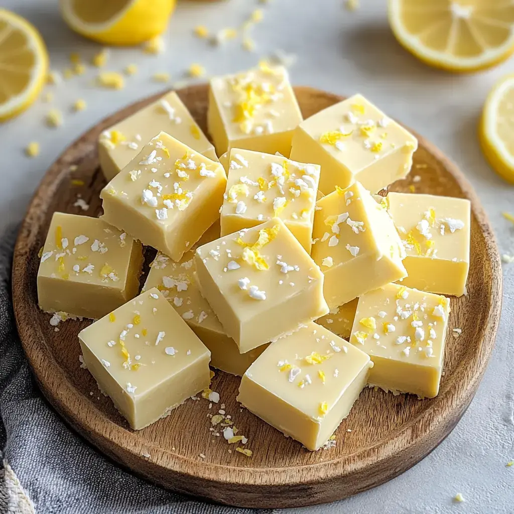 A wooden platter holds an arrangement of square lemon-flavored fudge pieces sprinkled with lemon zest and coarse salt, with lemon halves in the background.