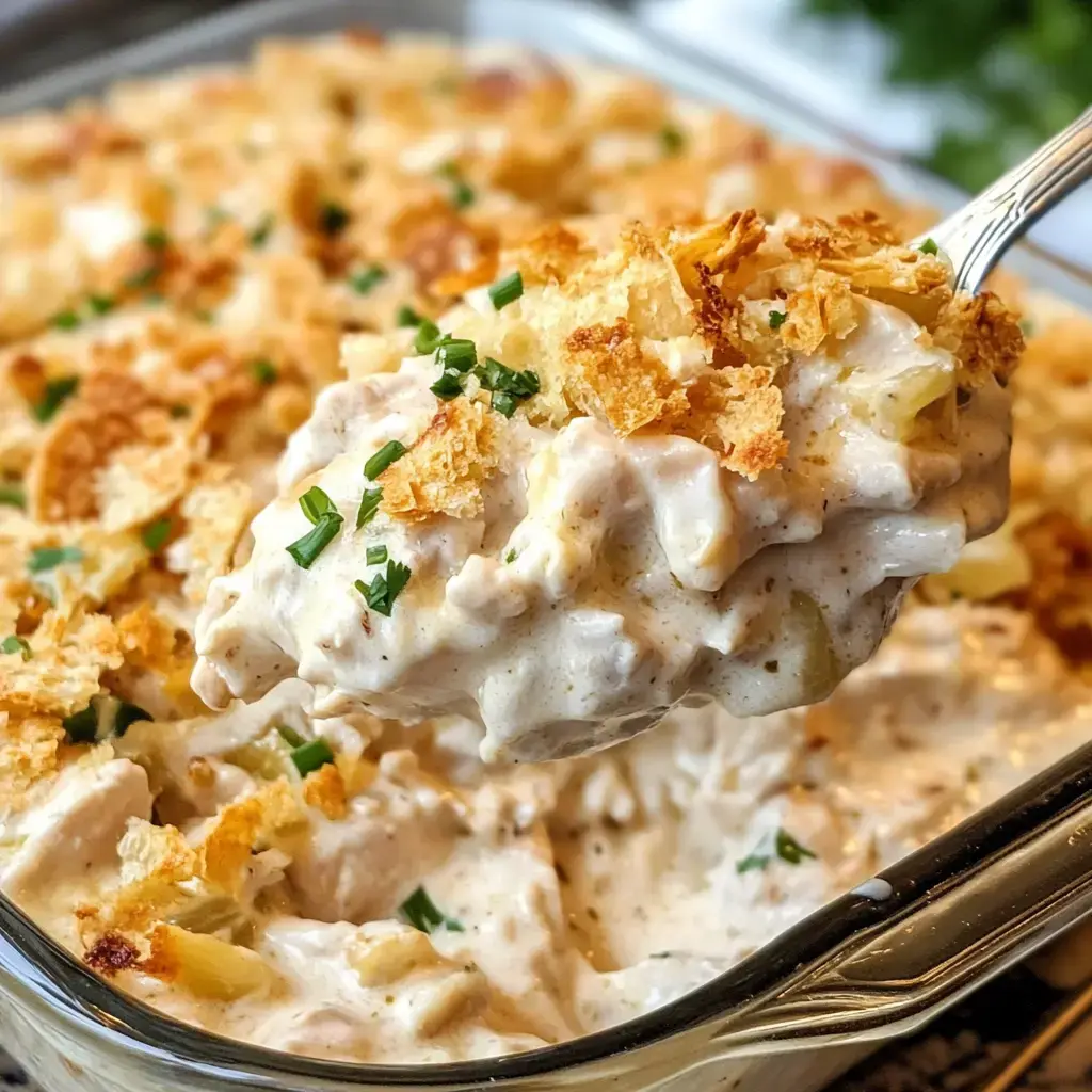 A spoonful of creamy casserole topped with golden breadcrumbs and green chives is being lifted from a glass baking dish.