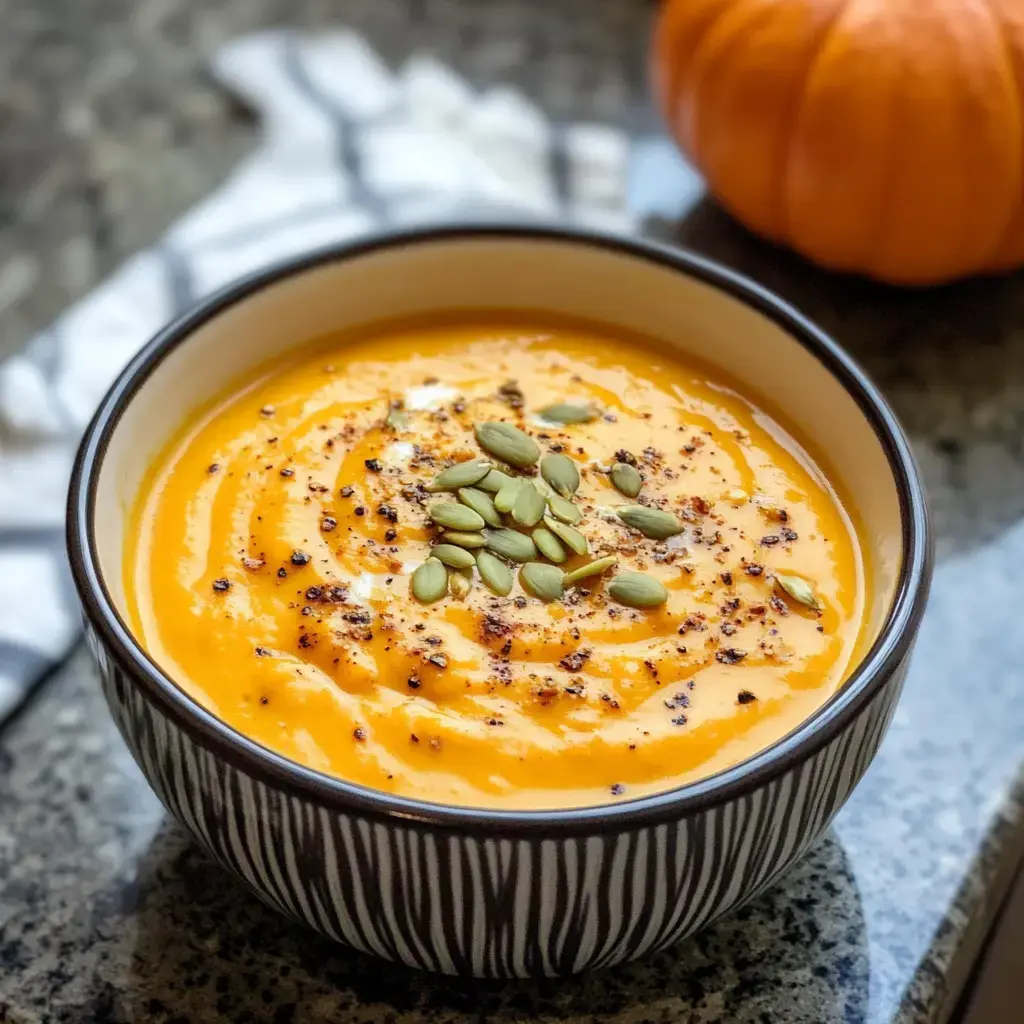 A bowl of creamy orange pumpkin soup topped with pumpkin seeds and spices, with a small pumpkin in the background.