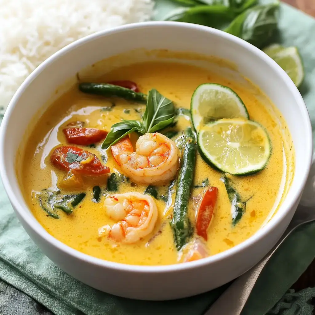 A bowl of creamy shrimp soup garnished with lime, tomatoes, green beans, and basil, served alongside a portion of rice.