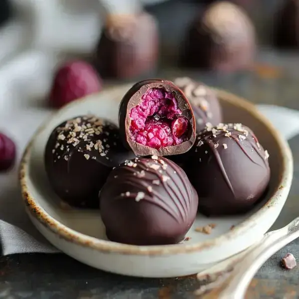 A plate of chocolate-covered truffles, with one truffle cut in half to reveal a vibrant raspberry filling, surrounded by whole raspberries and topped with a sprinkle of salt.