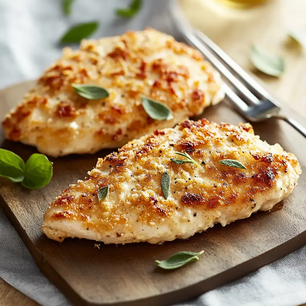 Two golden-brown, baked chicken breasts garnished with fresh herbs, served on a wooden cutting board.