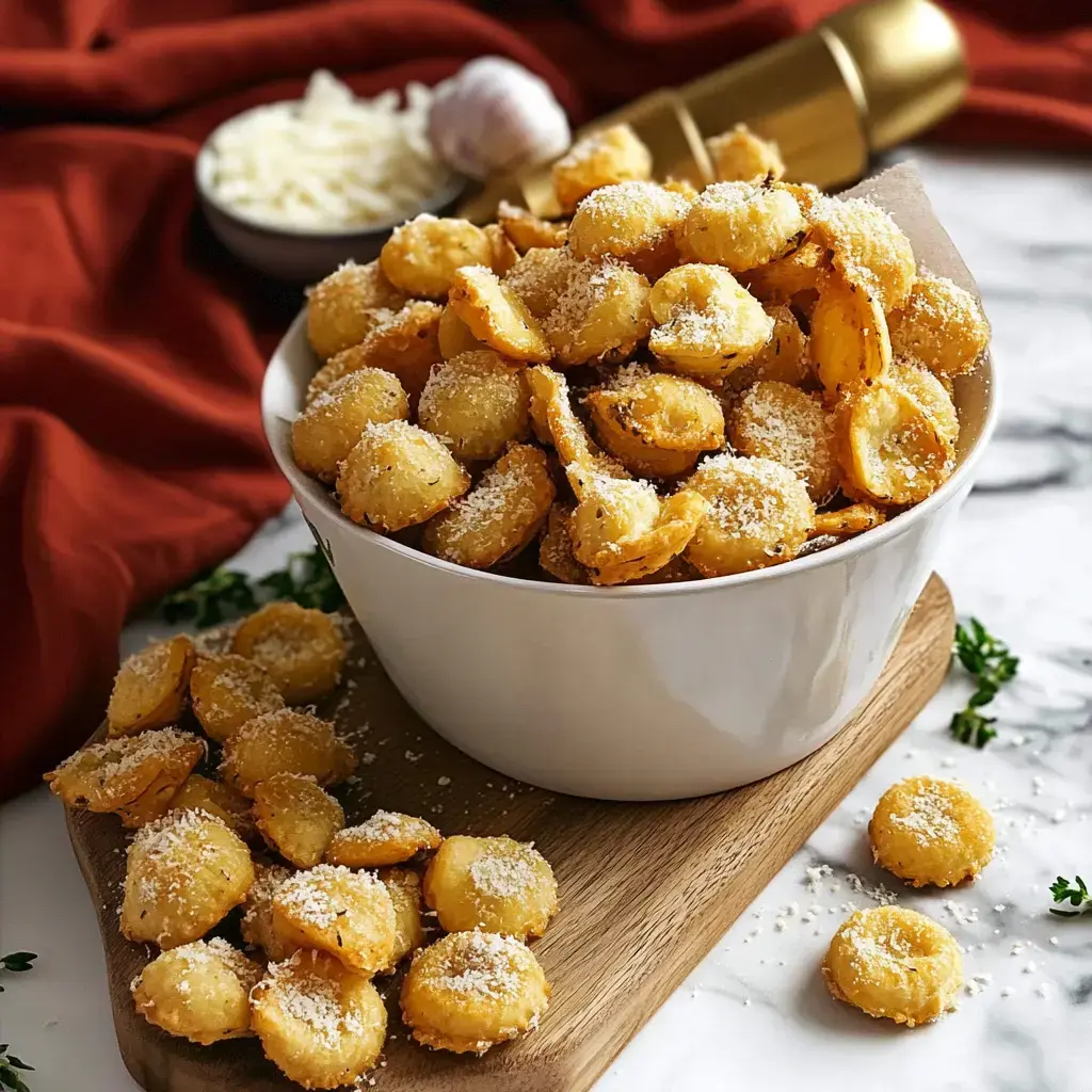 A white bowl filled with crispy, cheese-covered snack bites sits on a wooden board, with some pieces scattered nearby, accompanied by a garlic bulb and a bowl of grated cheese in the background.