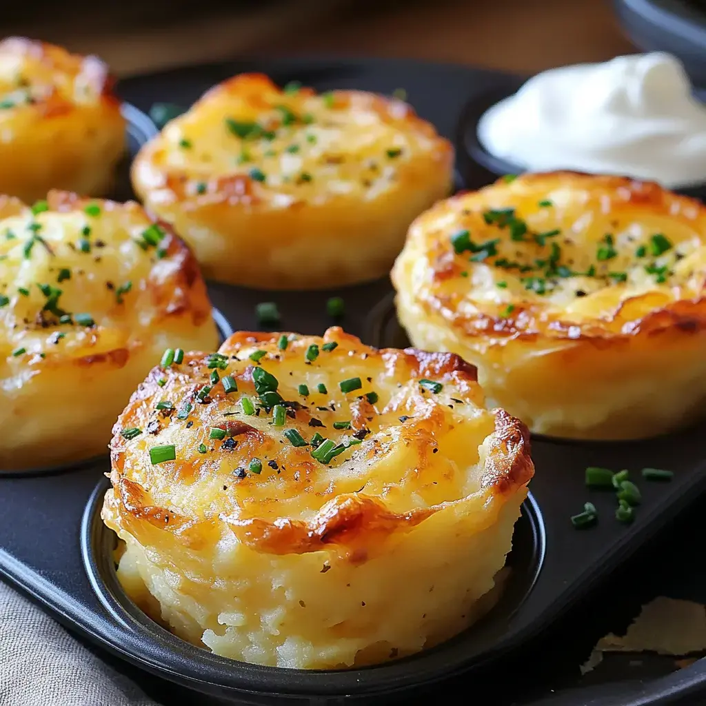 A close-up of golden-brown, crispy mashed potato muffins garnished with chopped chives, served in a muffin tray alongside a small portion of sour cream.