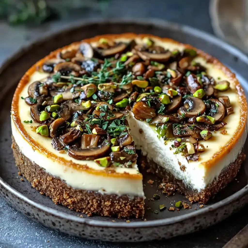 A sliced cheesecake topped with sautéed mushrooms, pistachios, and herbs served on a dark plate.