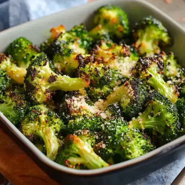 A bowl of roasted broccoli topped with a sprinkle of grated cheese.