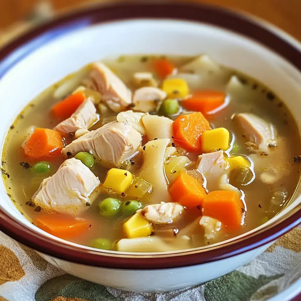 A bowl of hearty chicken soup filled with chunks of chicken, carrots, peas, corn, and noodles in a savory broth.