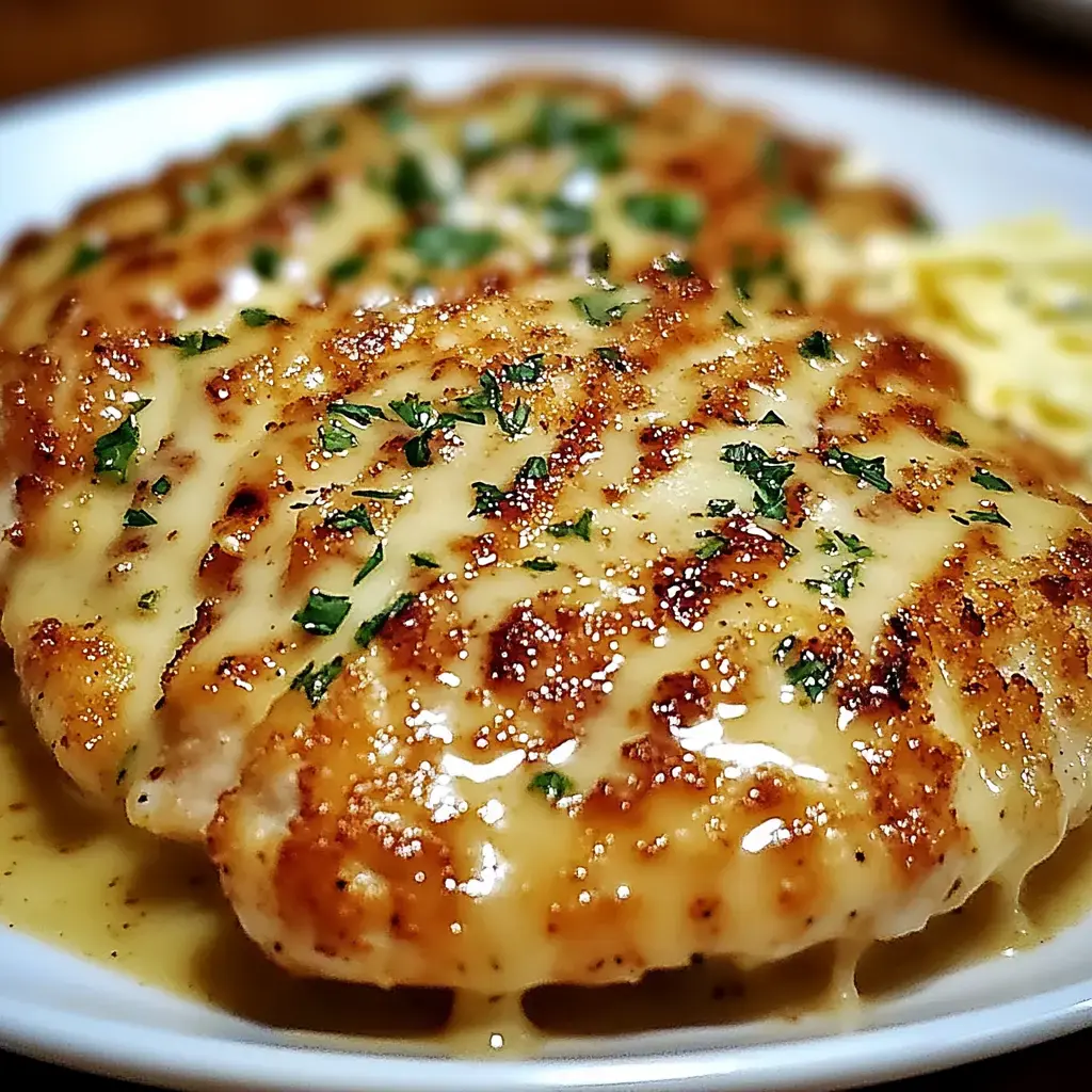 A close-up of two grilled chicken fillets topped with melted cheese and parsley, served on a white plate.