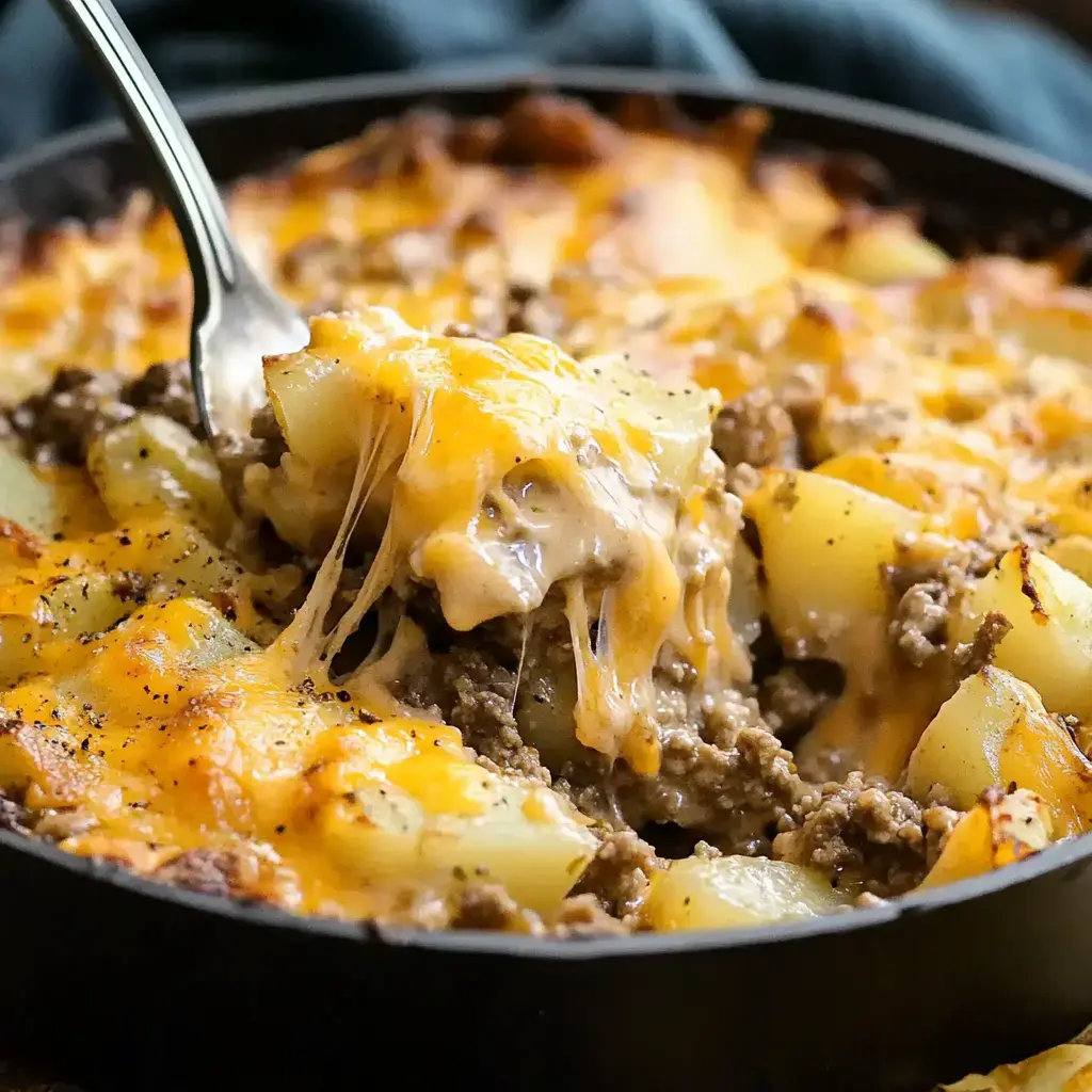 A fork lifts a cheesy casserole of ground beef and potatoes, revealing gooey melted cheese on top.