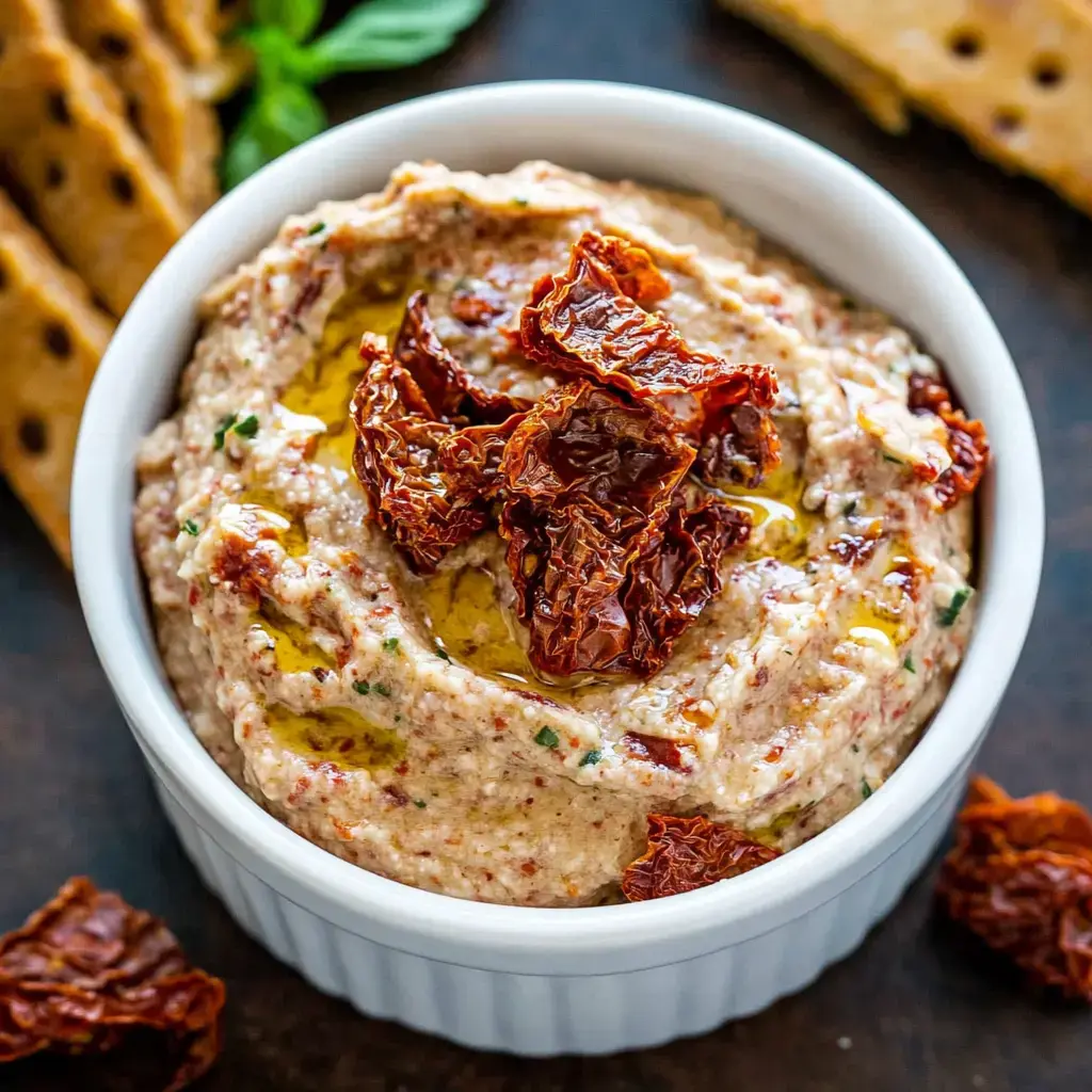 A bowl of creamy sun-dried tomato dip topped with olive oil and pieces of sun-dried tomatoes.