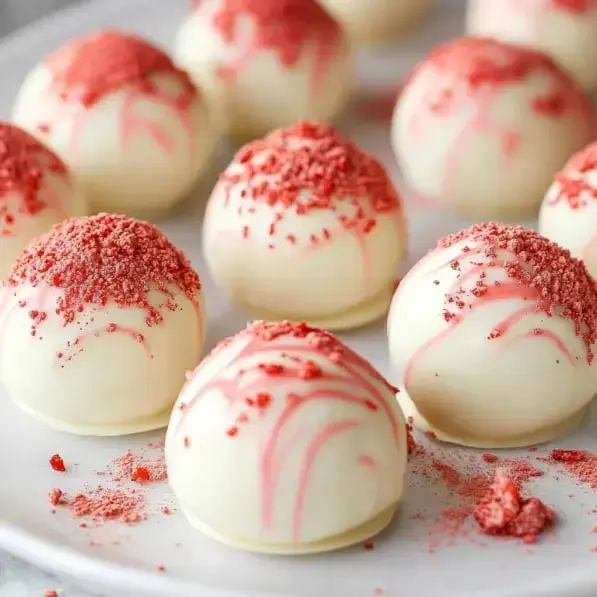 A plate of white chocolate truffles topped with red sprinkles and drizzled with pink icing.