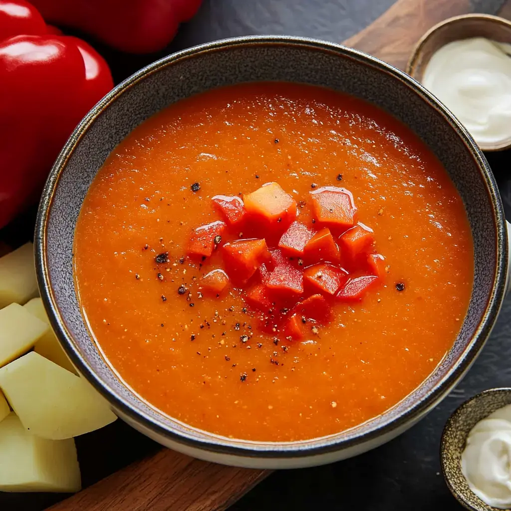 A bowl of vibrant orange soup topped with diced red peppers, surrounded by red bell peppers, potatoes, and a small bowl of cream.