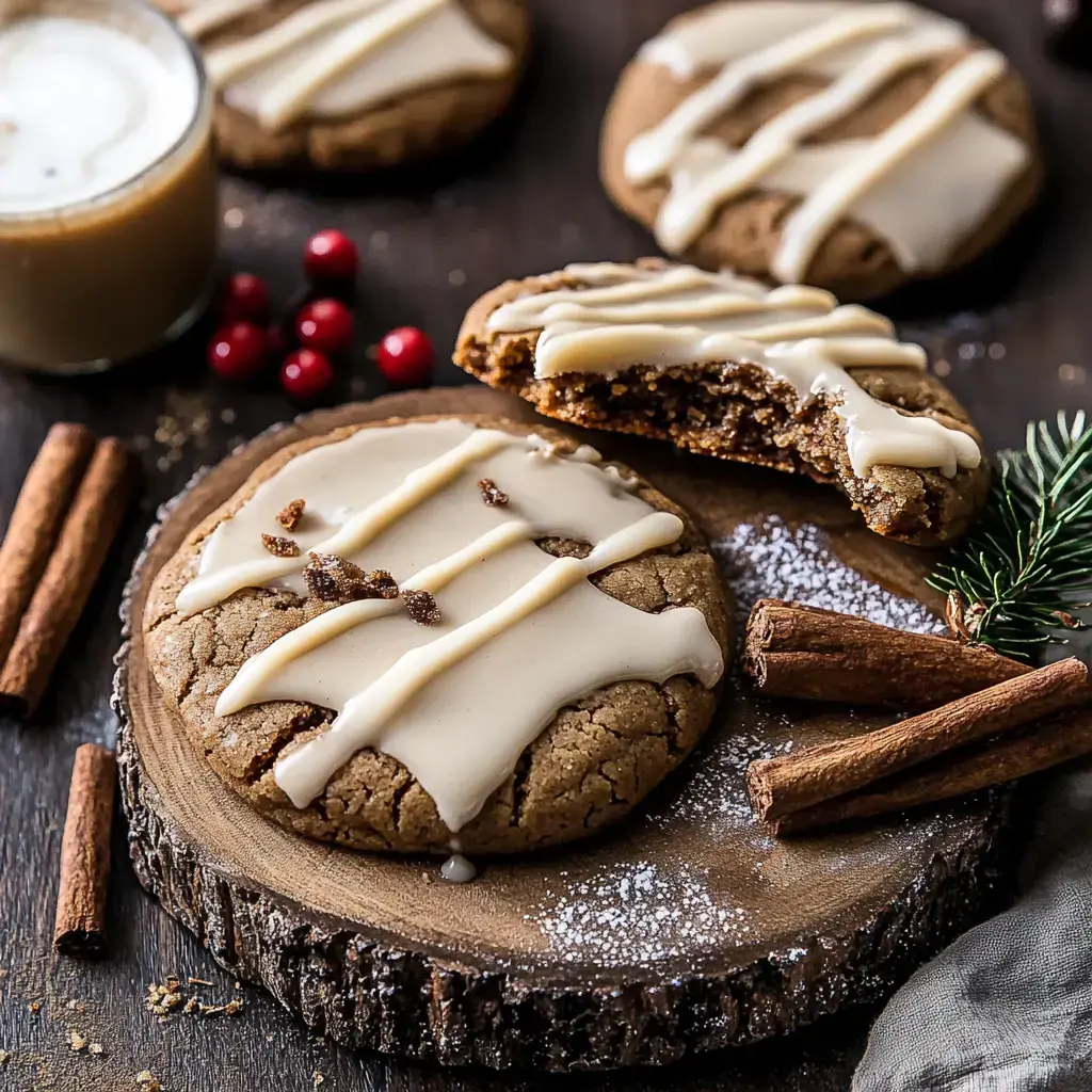 A close-up of decorated cookies on a wooden platter, surrounded by cinnamon sticks, red berries, and a glass of creamy beverage.