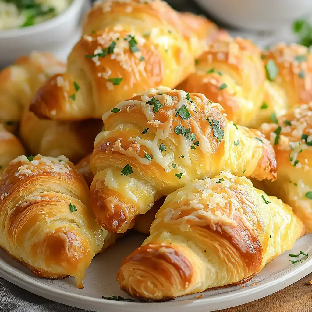 A plate of golden, flaky croissants topped with melted cheese and sprinkled with fresh parsley.