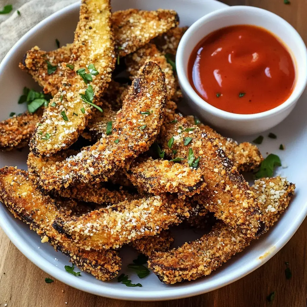 A bowl of crispy, golden-brown breaded zucchini fries garnished with parsley, accompanied by a small dish of tomato dipping sauce.