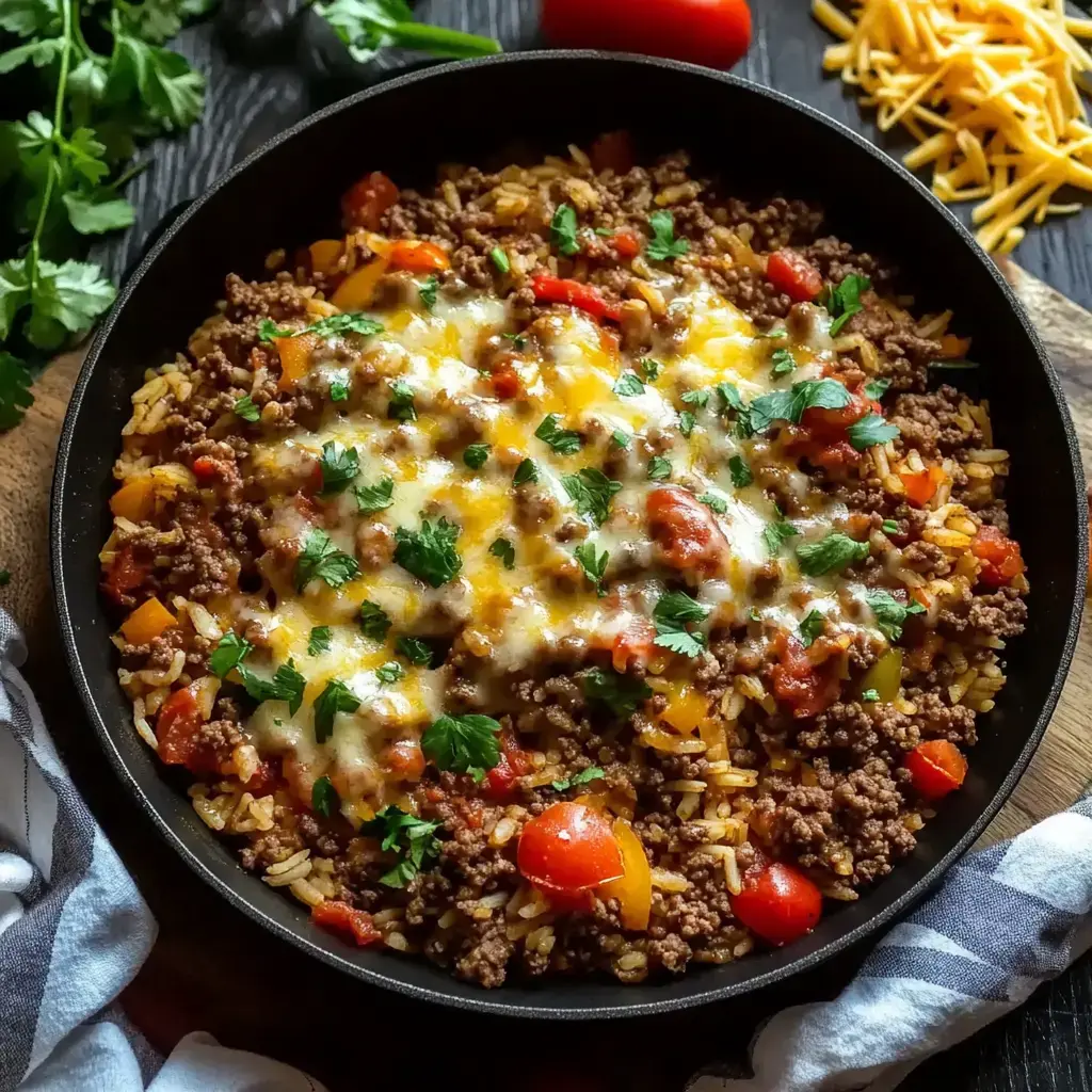 A skillet filled with a savory mixture of ground beef, rice, tomatoes, and melted cheese, garnished with fresh cilantro and surrounded by ingredients like cheese and vegetables.