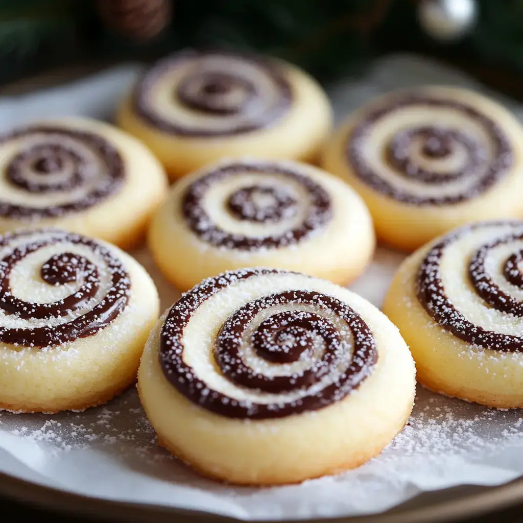 A plate of round cookies with a spiral chocolate topping and a dusting of powdered sugar.