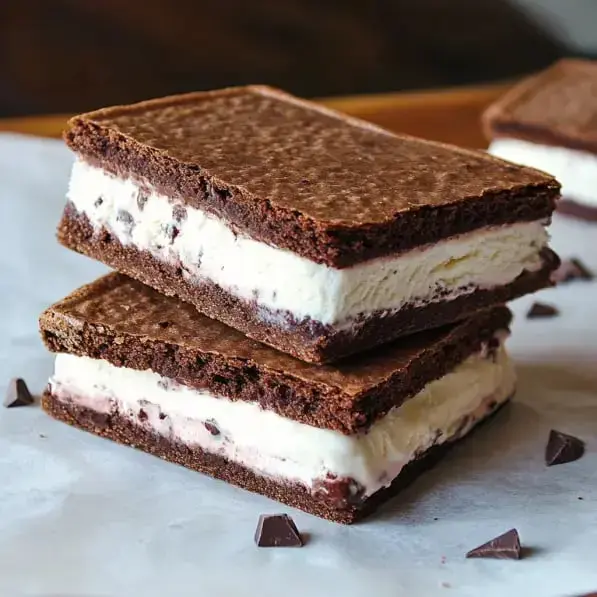 Two chocolate ice cream sandwiches are stacked on a surface, with pieces of chocolate scattered around.