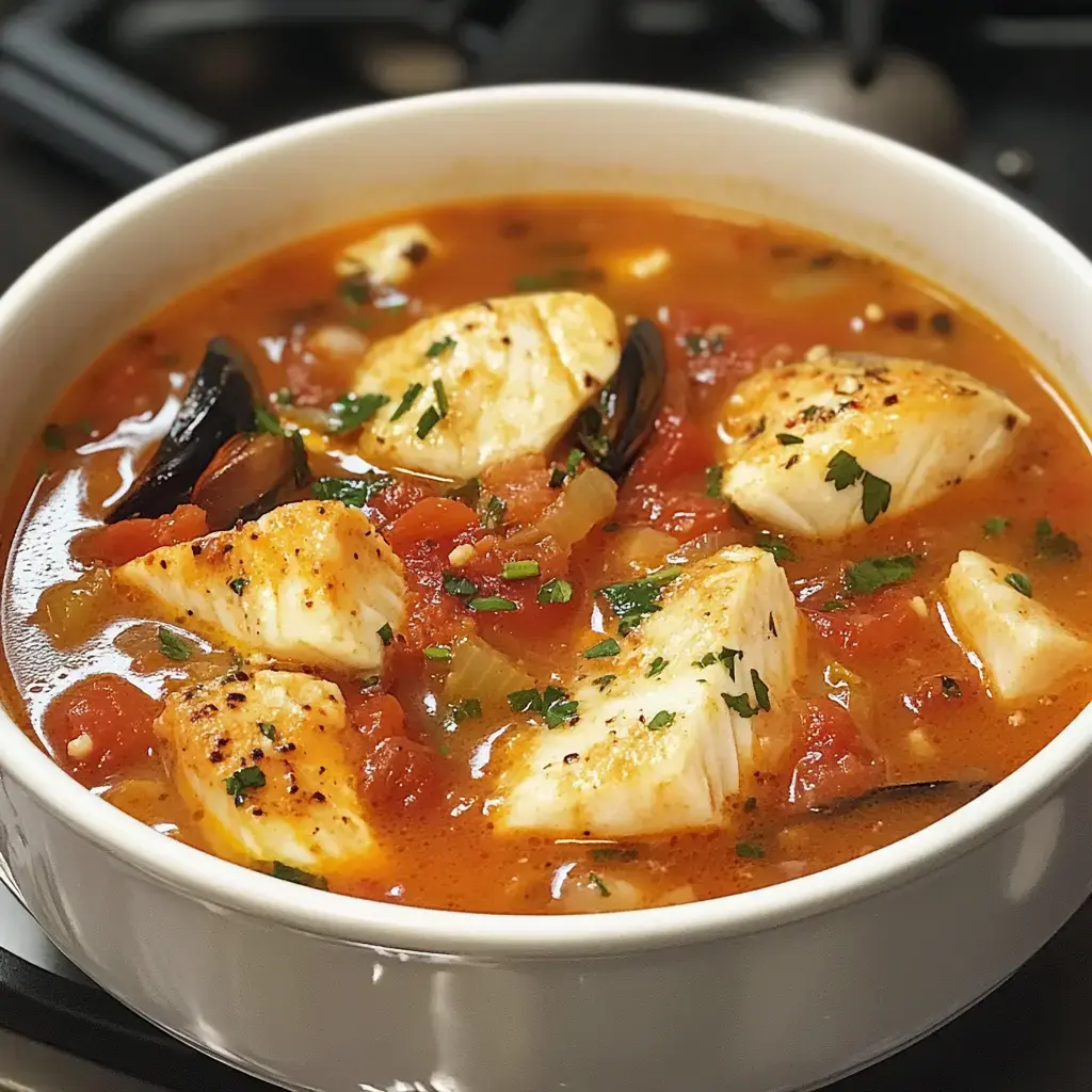 A bowl of tomato-based seafood stew with pieces of fish and mussels, garnished with parsley.