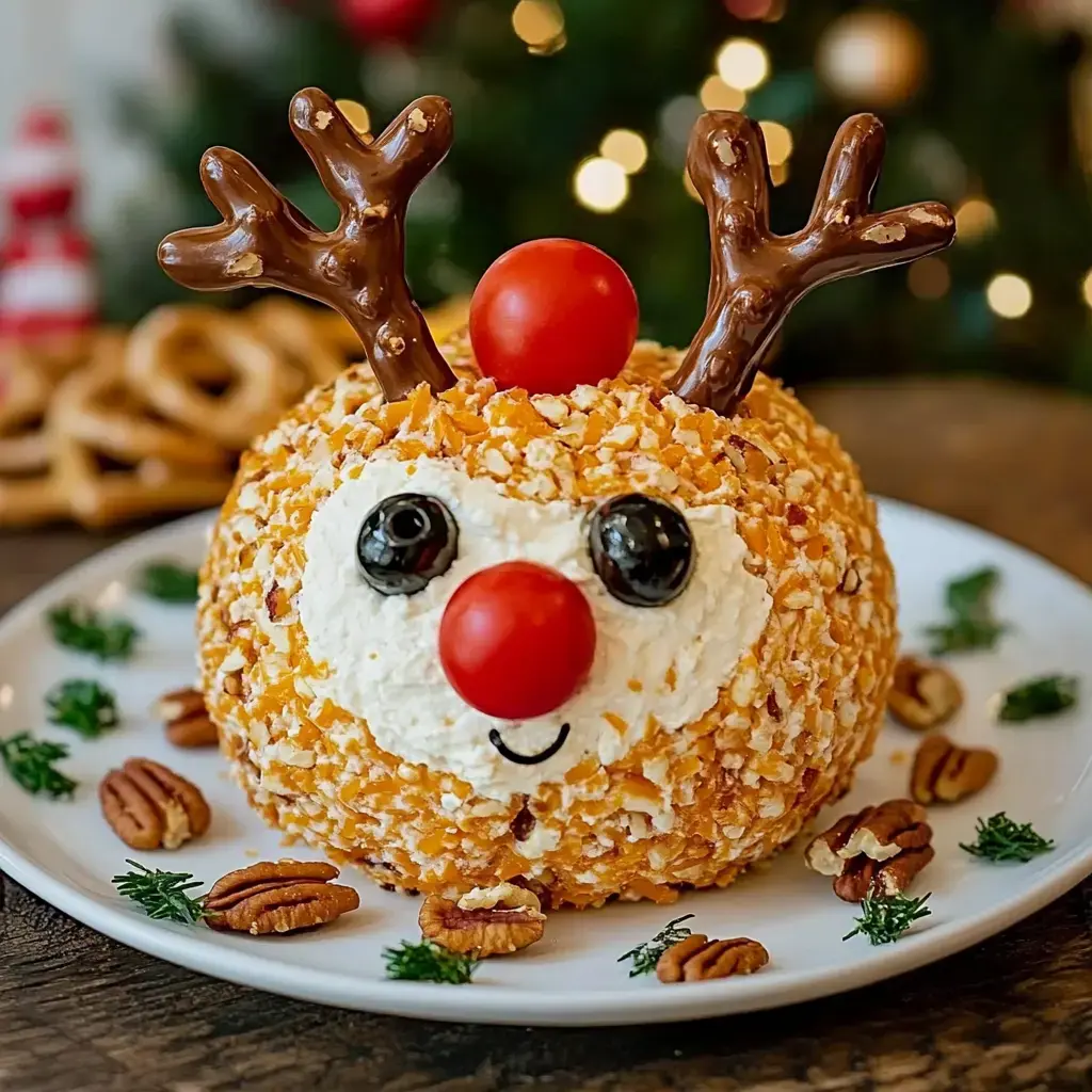 A festive cheese ball shaped like a reindeer, adorned with a red nose, chocolate antlers, and black olive eyes, sits on a white plate surrounded by pecans and greenery.