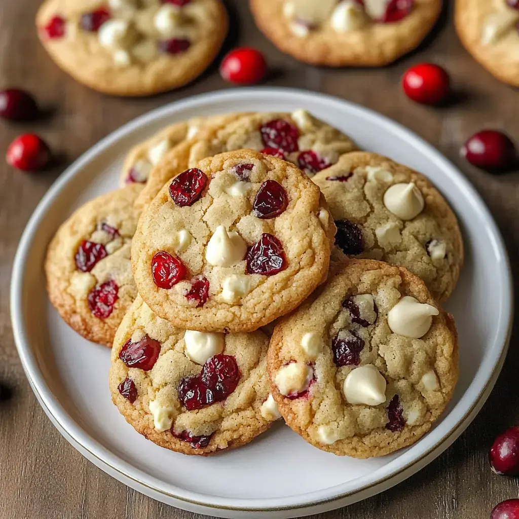 A plate of freshly baked cookies with white chocolate chips and dried cranberries, surrounded by scattered cranberries on a wooden surface.