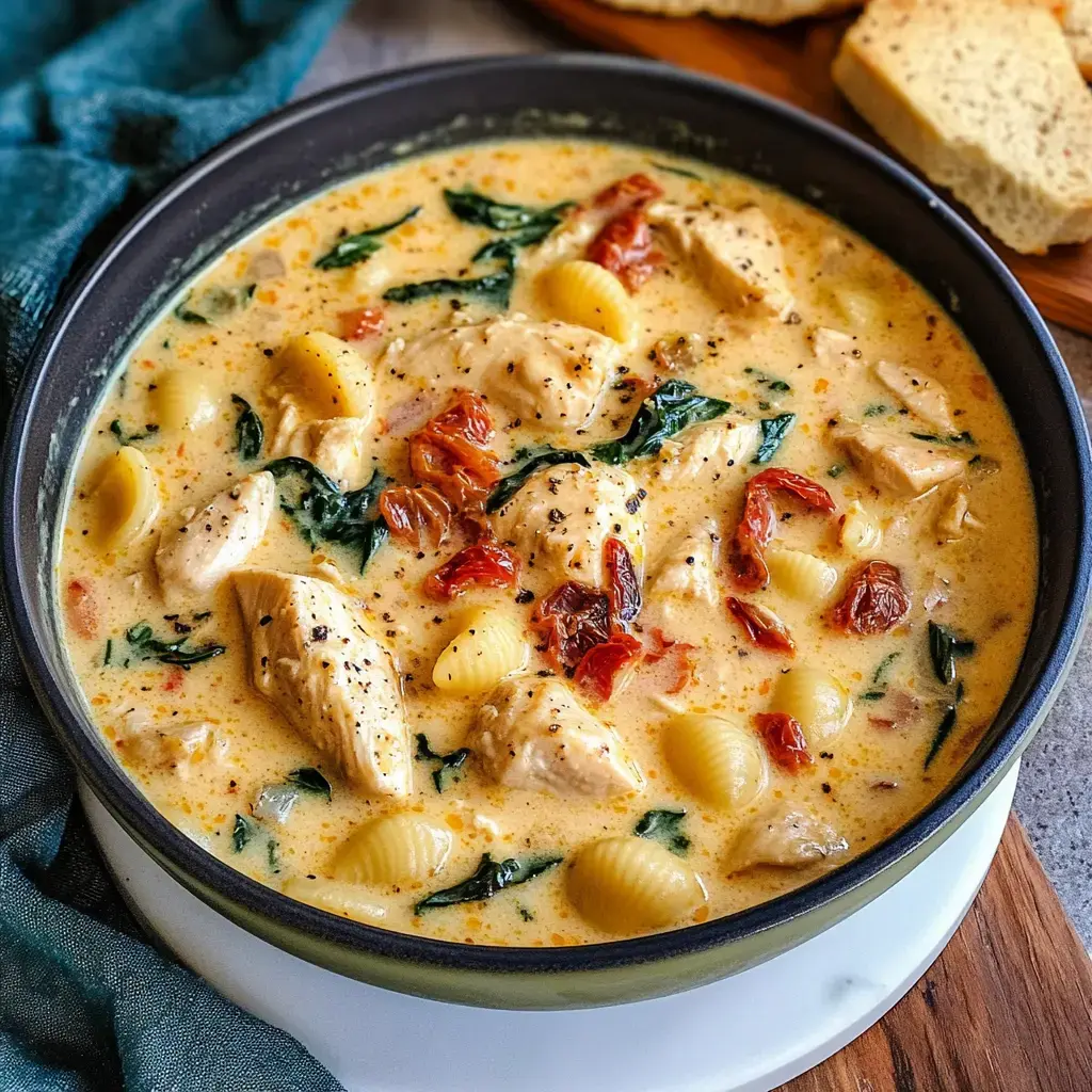 A creamy chicken and spinach pasta dish with sun-dried tomatoes, served in a dark bowl.